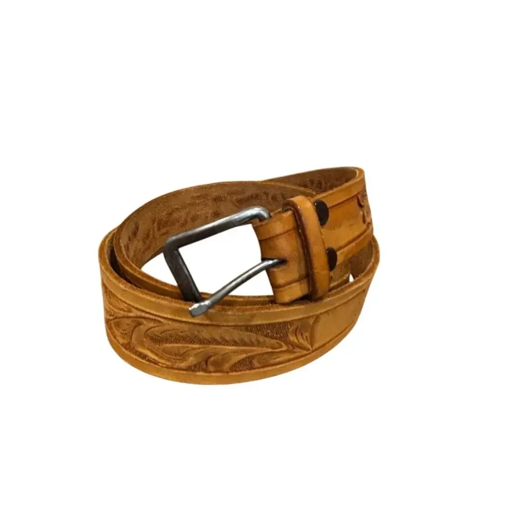 Vintage Tooled Leather Western Belt Size 42 Tan Floral Engraved RDH Initials